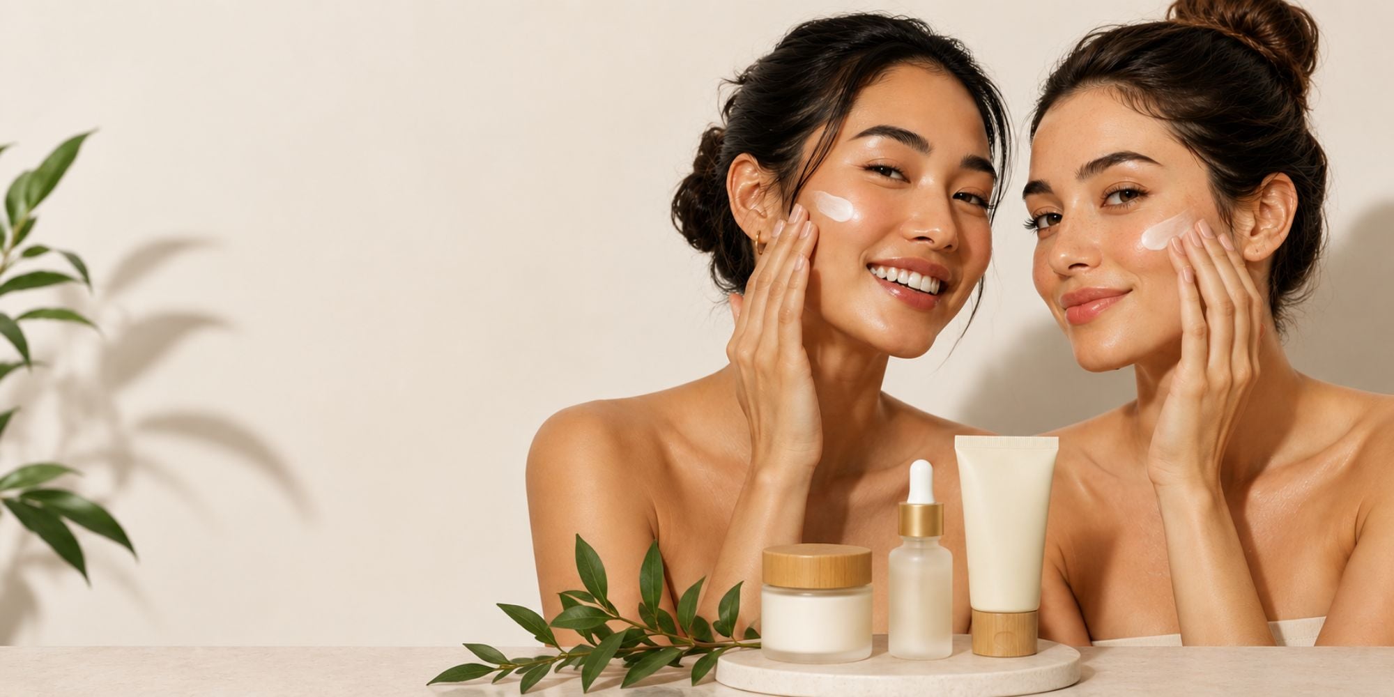 Two glowing women applying natural face cream with skincare products displayed
