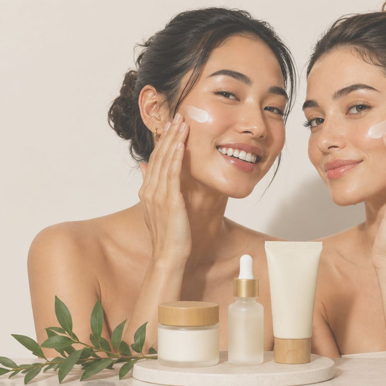 Two glowing women applying natural face cream with skincare products displayed