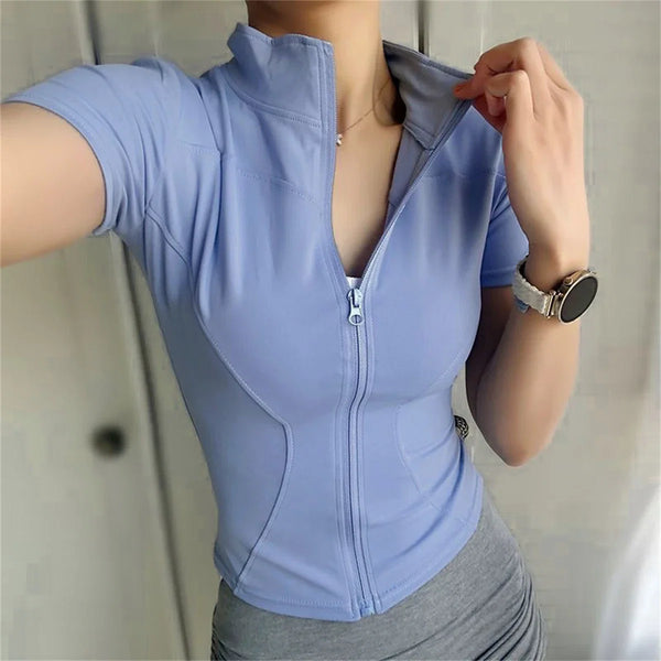 Women's Slim Fit Zipper Yoga Top Short Sleeve