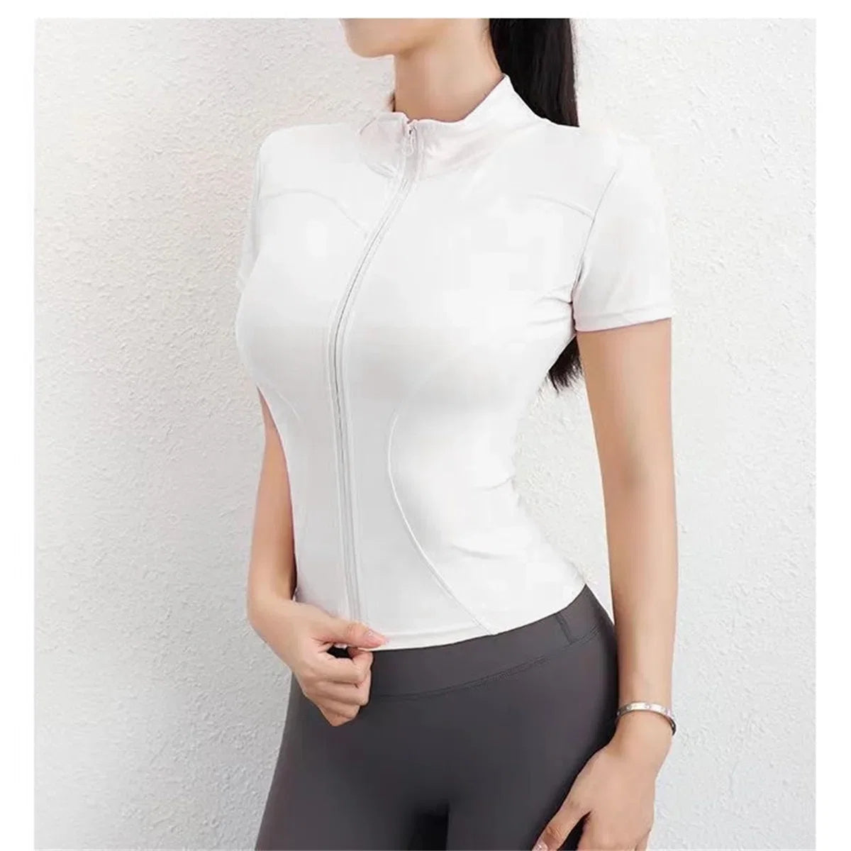 Women's Slim Fit Zipper Yoga Top Short Sleeve