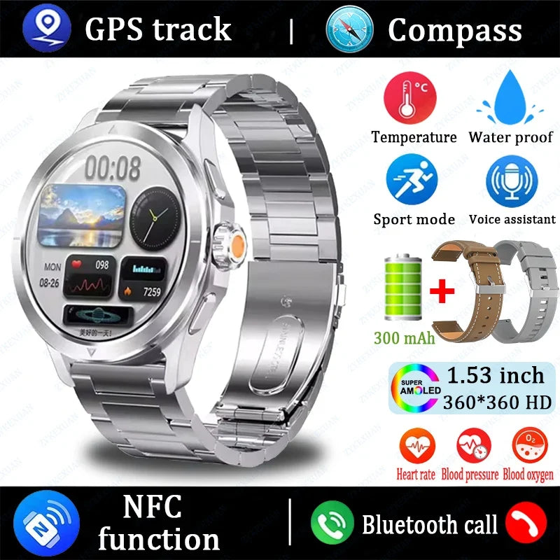 2025 New S4 Ultra Outdoor Sports Smart Watch Men AMOLED Screen NFC GPS Compass Heart rate Waterproof Bluetooth Call SmartWatch