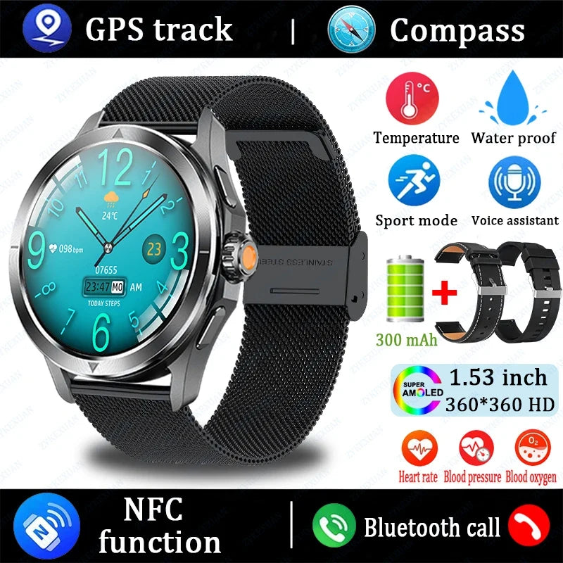 2025 New S4 Ultra Outdoor Sports Smart Watch Men AMOLED Screen NFC GPS Compass Heart rate Waterproof Bluetooth Call SmartWatch