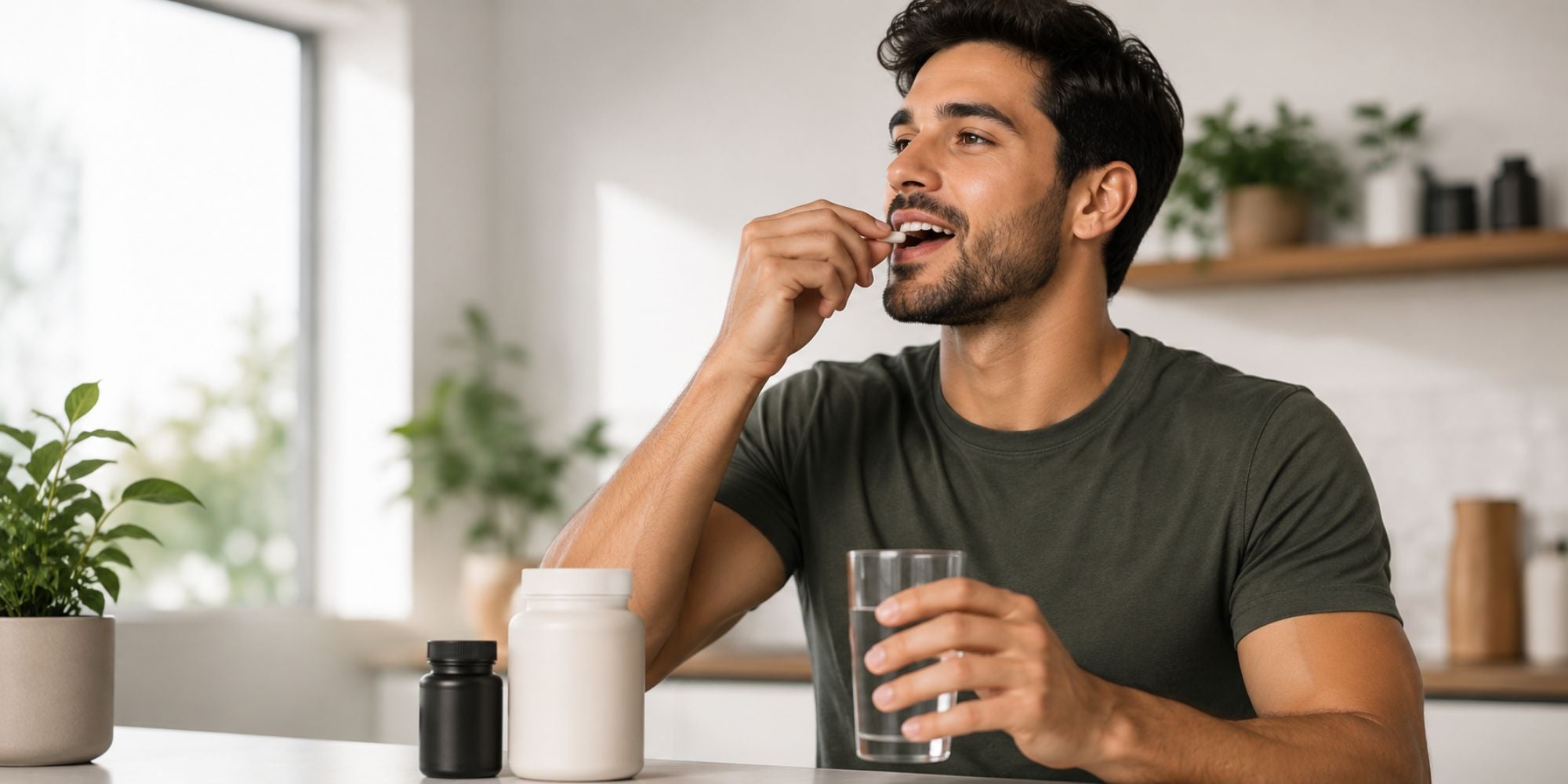 Man sitting at a table with a glass of water and a supplement bottle, looking thoughtful.