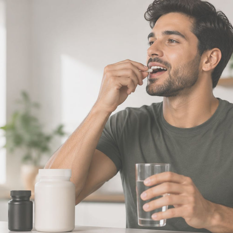 Man sitting at a table with a glass of water and a supplement bottle, looking thoughtful.