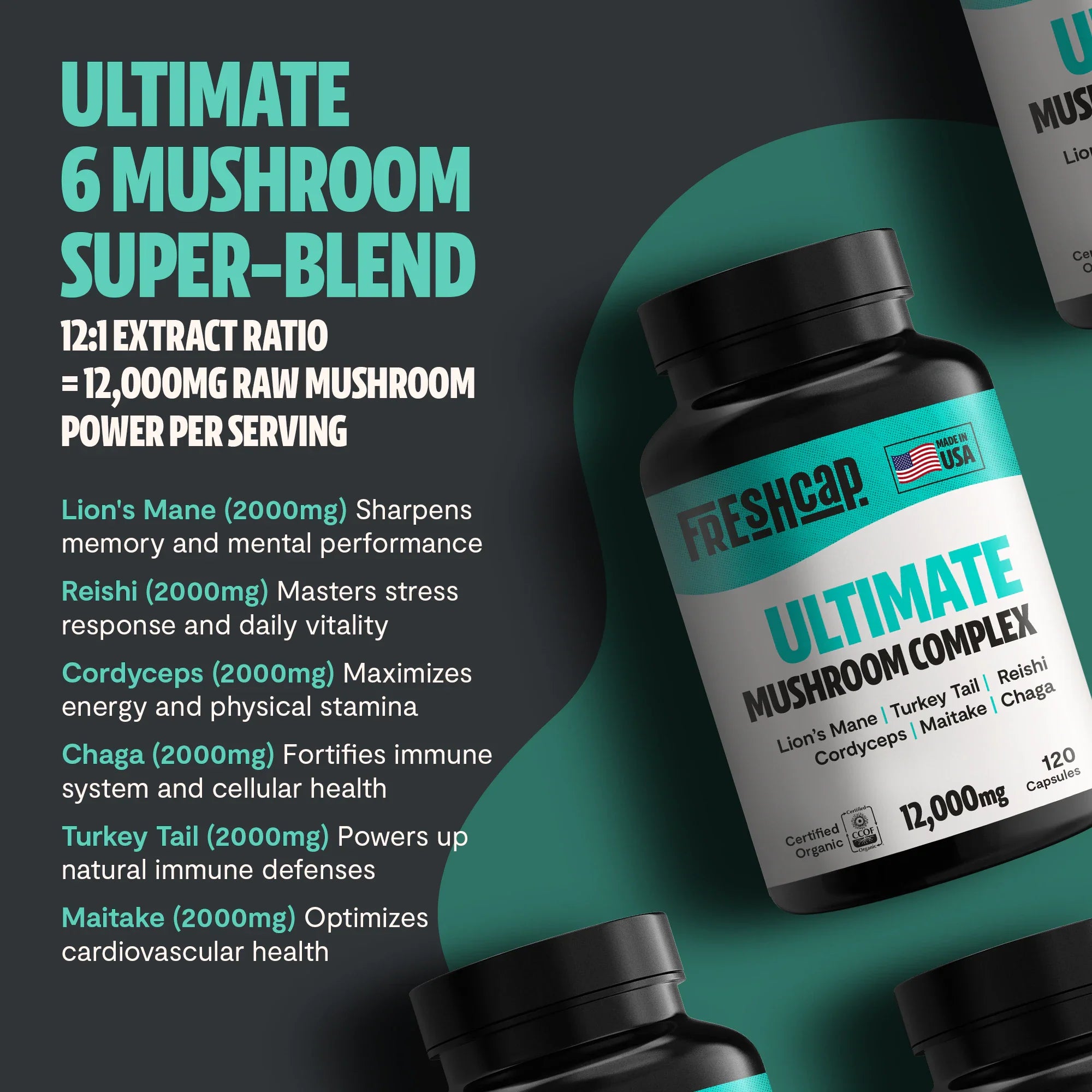 Organic Mushroom Complex Supplement Capsules for Daily Wellness