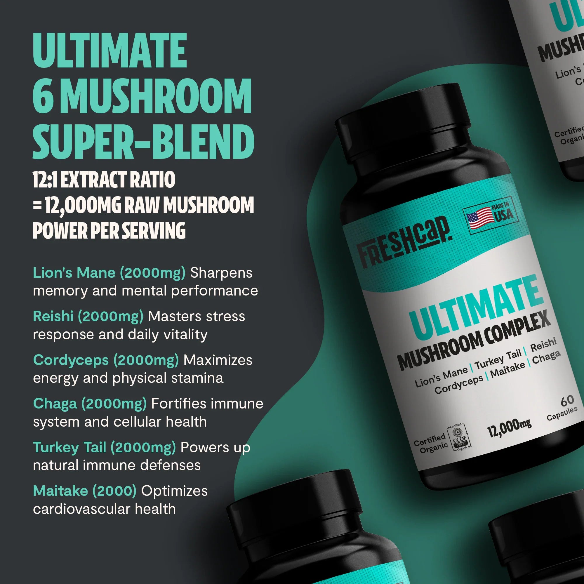 Organic Mushroom Complex Supplement Capsules for Daily Wellness