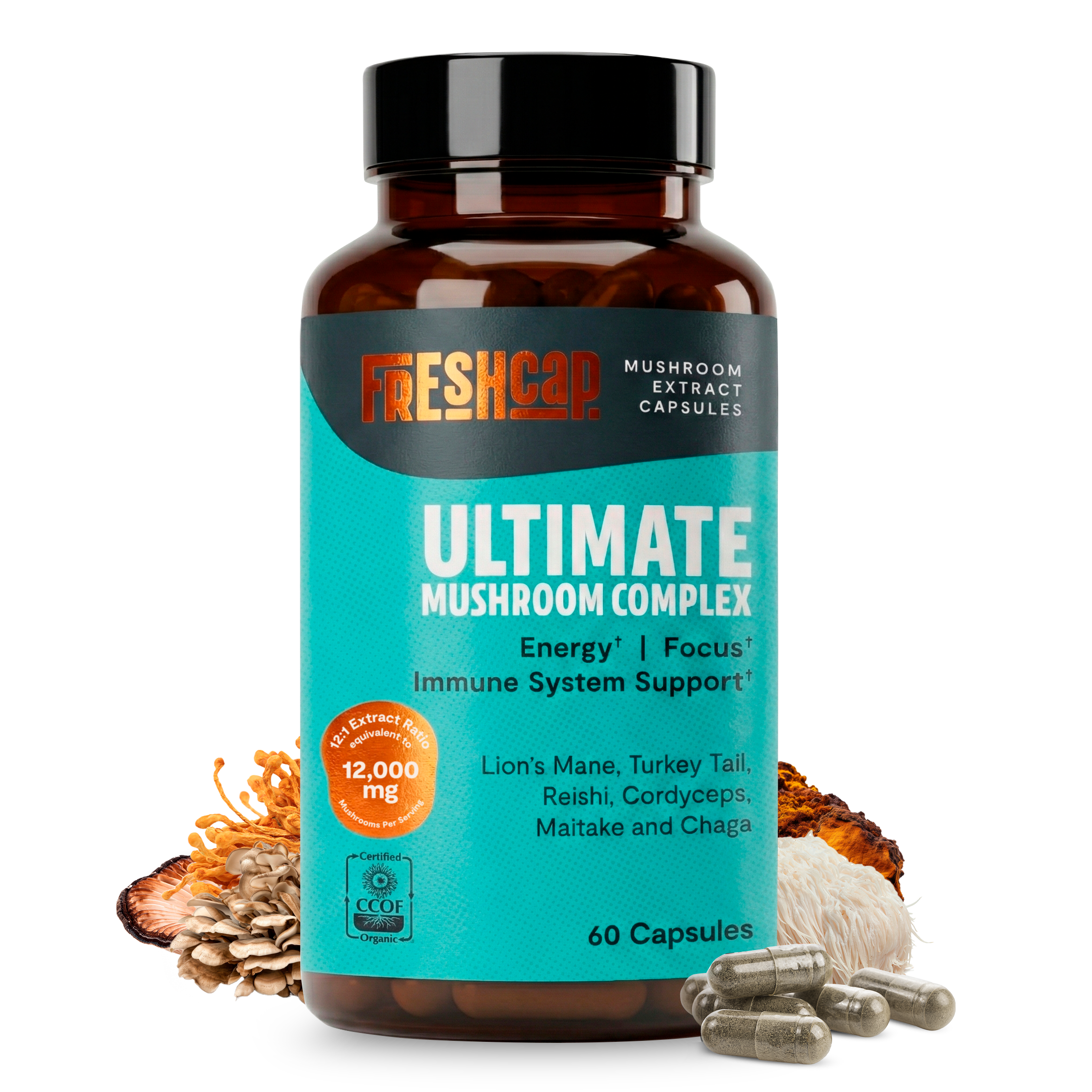 Organic Mushroom Complex Supplement Capsules for Daily Wellness